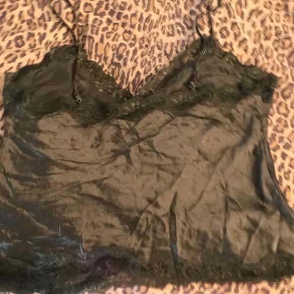 Olive Green large satin camisole with lace trim - Picture 8 of 15